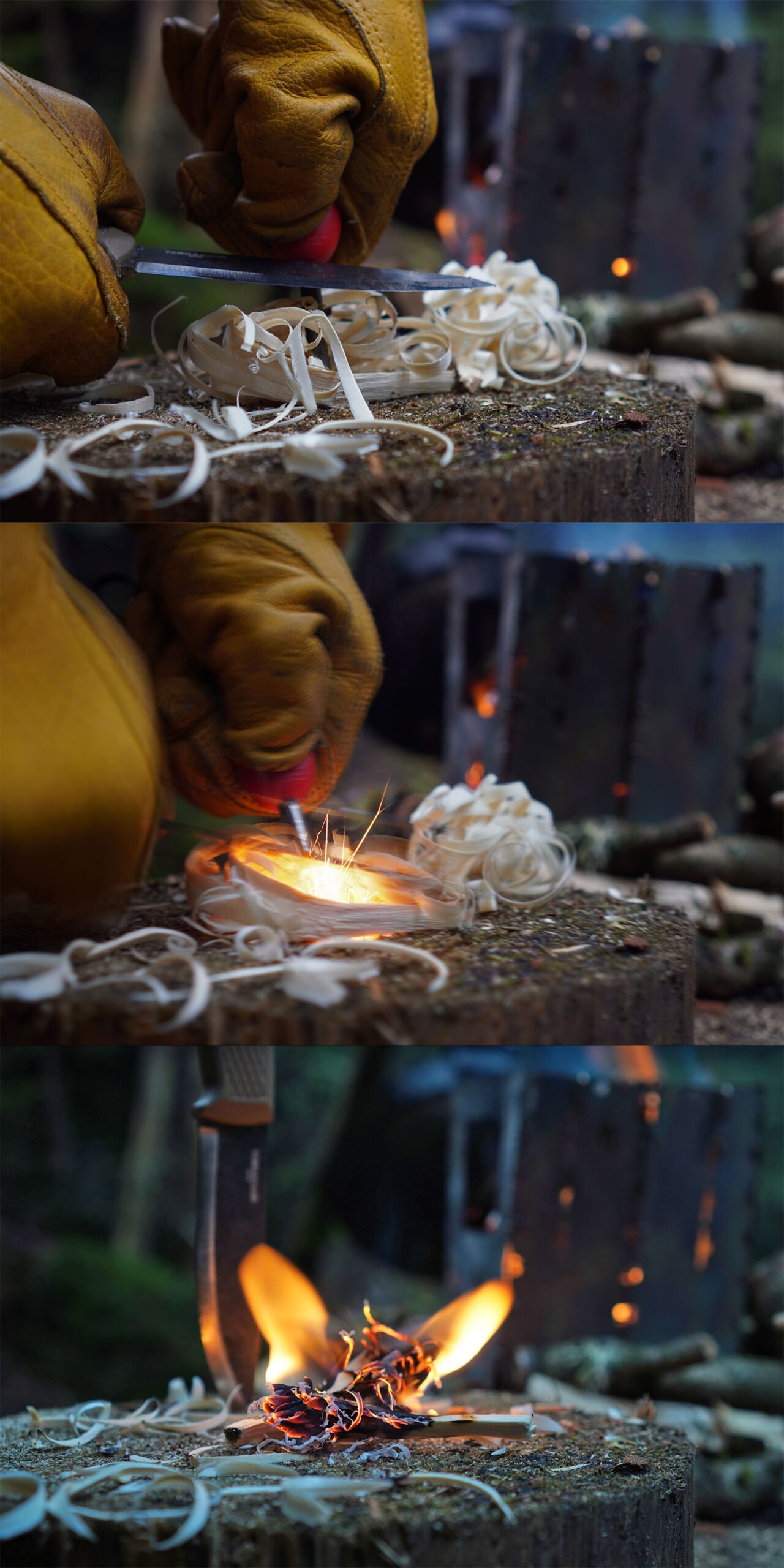 Feuer machen mit einem Messer und einem Feuerstahl.